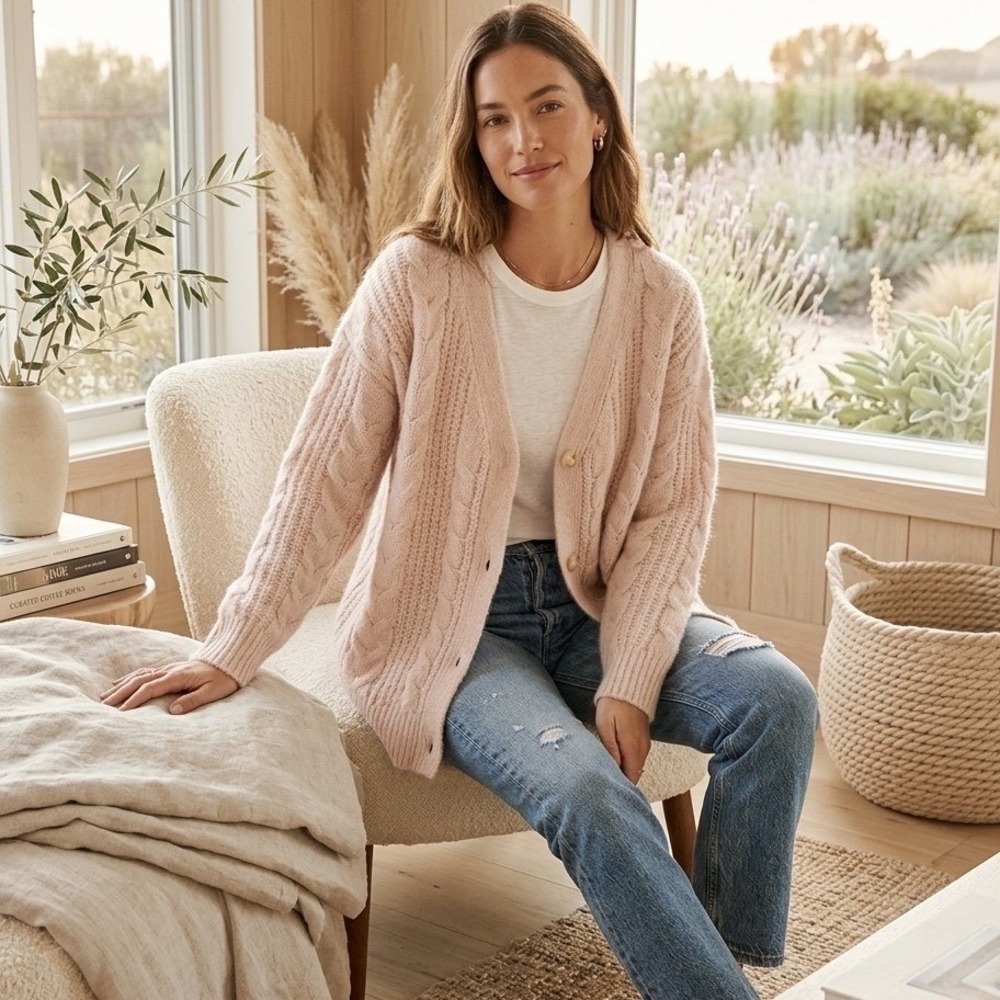 Jenni Kayne NWT Cable Cocoon Cardigan Sweater Pink Blush Alpaca - Small